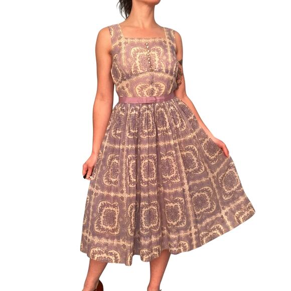 1950s Shirley Lee Purple Floral Fit and Flare Cocktail Dress - Picture 1 of 9